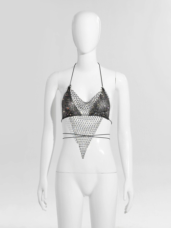 Bikīni tops ar tīklu un kristāliem, halter ar šņuru