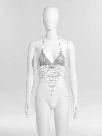 Bikīni tops ar tīklu un kristāliem, halter ar šņuru