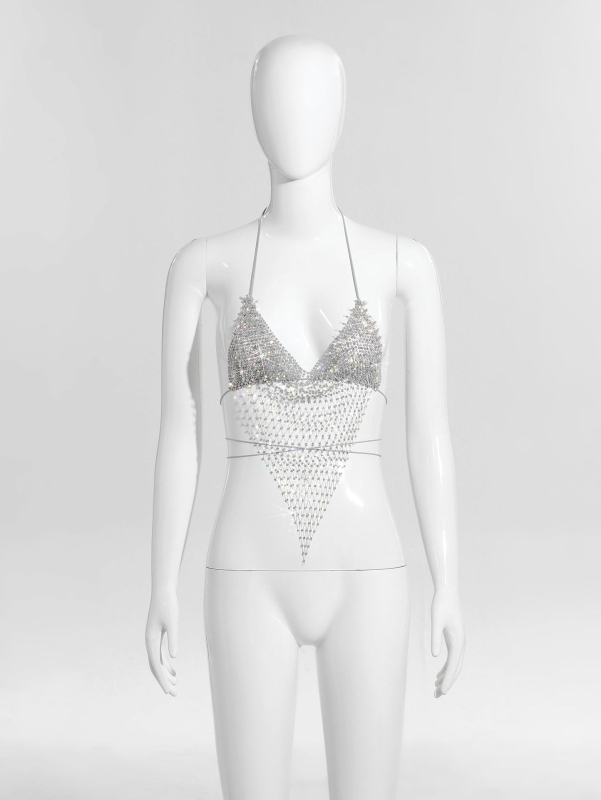 Bikīni tops ar tīklu un kristāliem, halter ar šņuru