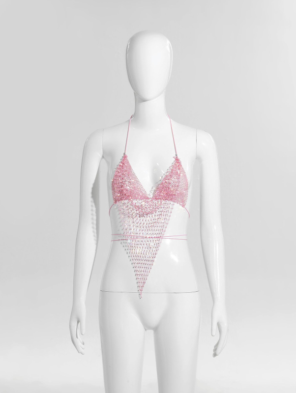 Bikīni tops ar tīklu un kristāliem, halter ar šņuru