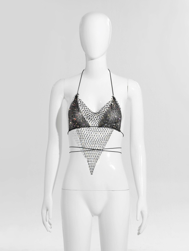 Bikīni tops ar tīklu un kristāliem, halter ar šņuru