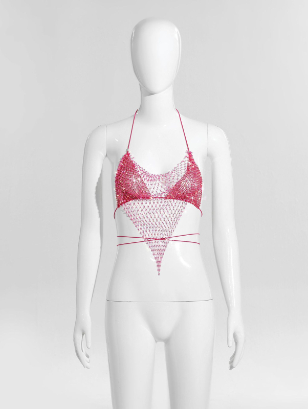 Bikīni tops ar tīklu un kristāliem, halter ar šņuru