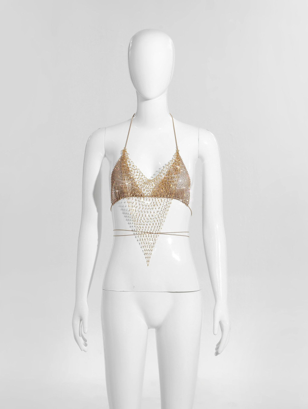 Bikīni tops ar tīklu un kristāliem, halter ar šņuru