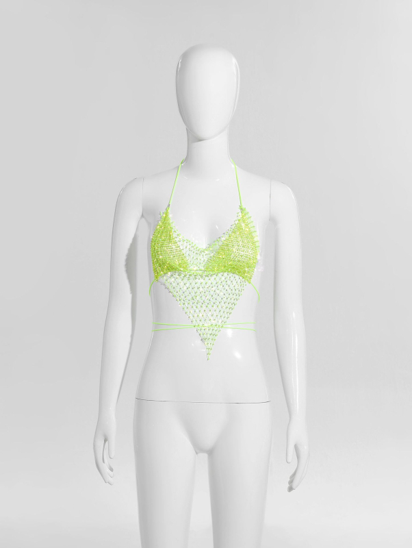 Bikīni tops ar tīklu un kristāliem, halter ar šņuru