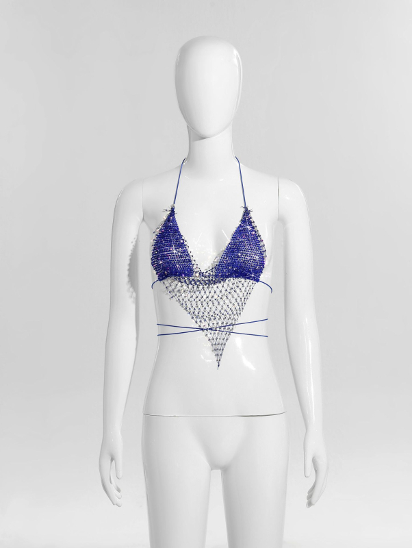 Bikīni tops ar tīklu un kristāliem, halter ar šņuru
