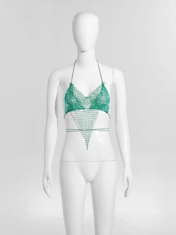Bikīni tops ar tīklu un kristāliem, halter ar šņuru