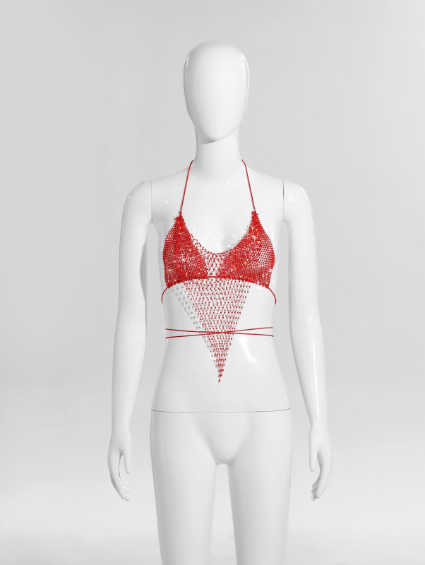 Bikīni tops ar tīklu un kristāliem, halter ar šņuru