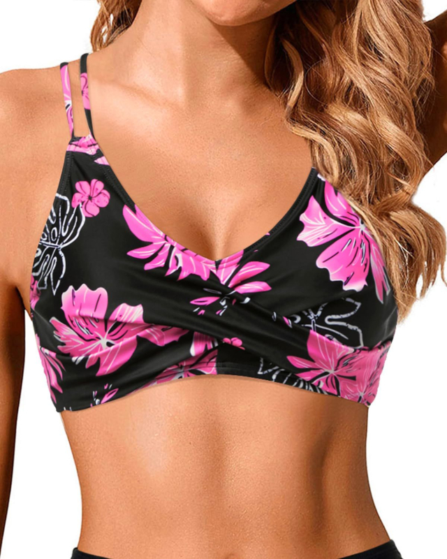 Divdaļīgs bikini peldkostīms ar krustotām siksniņām un krūšu spilventiņiem; ziedu raksts; materiāls poliesters 85% (pildījums 85% poliesters); bez piedurknēm, bikini siluets