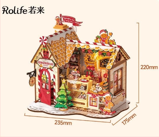 Дървена DIY коледна джинджифенова къщичка със миниатюрна сцена и блокчета — за възраст 15–35, марка Robotime