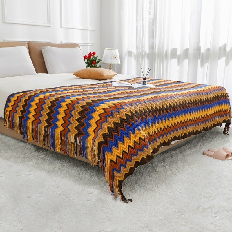 Kötött ágyvég takaró – skandináv stílus, geometriai mintázat, akril anyag, testreszabás elérhető, logó nyomtatás lehetséges