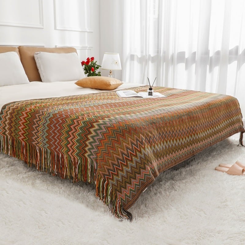 Kötött ágyvég takaró – skandináv stílus, geometriai mintázat, akril anyag, testreszabás elérhető, logó nyomtatás lehetséges