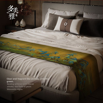 Új kínai stílusú ágyvégi törölköző, vízálló, poliészter, táj mintázat, hotel stílusban, Domeya