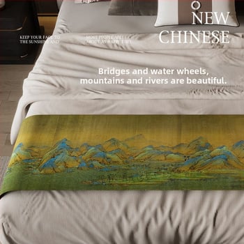Új kínai stílusú ágyvégi törölköző, vízálló, poliészter, táj mintázat, hotel stílusban, Domeya