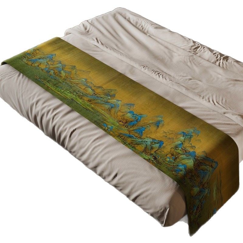 Új kínai stílusú ágyvégi törölköző, vízálló, poliészter, táj mintázat, hotel stílusban, Domeya