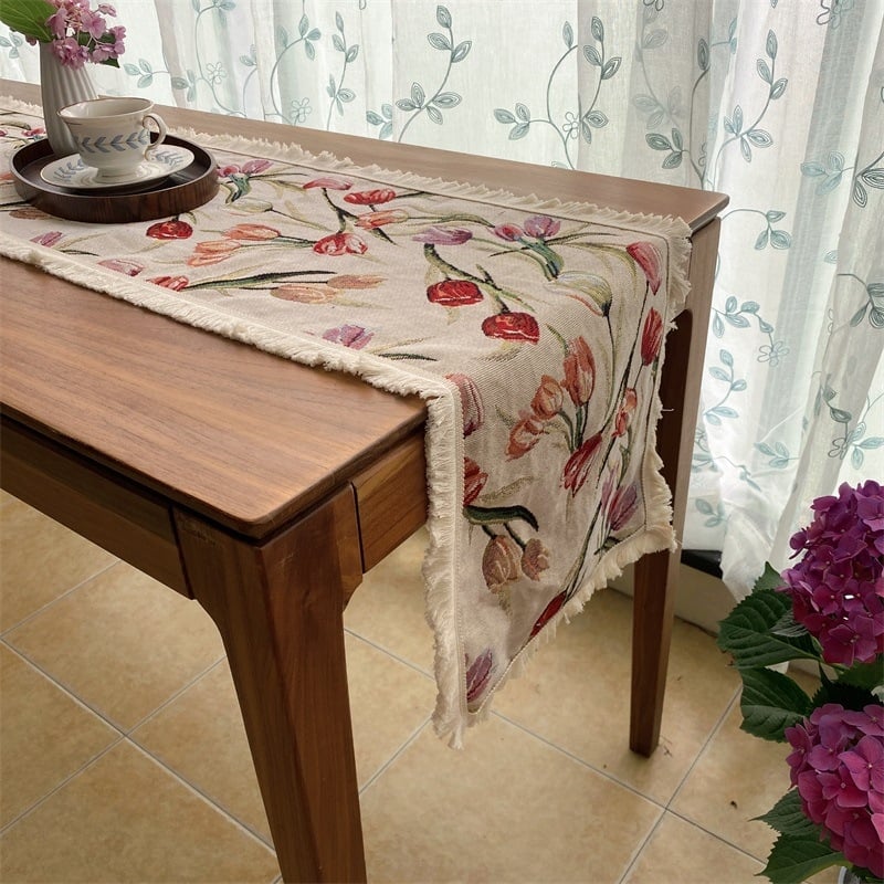 Față de masă cu model floral, stil retro, material amestec poliester-bumbac (60% poliester, 40% bumbac), potrivit pentru sufragerie, dormitor, birou, spații exterioare