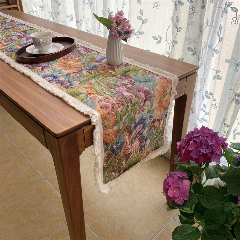 Față de masă cu model floral, stil retro, material amestec poliester-bumbac (60% poliester, 40% bumbac), potrivit pentru sufragerie, dormitor, birou, spații exterioare