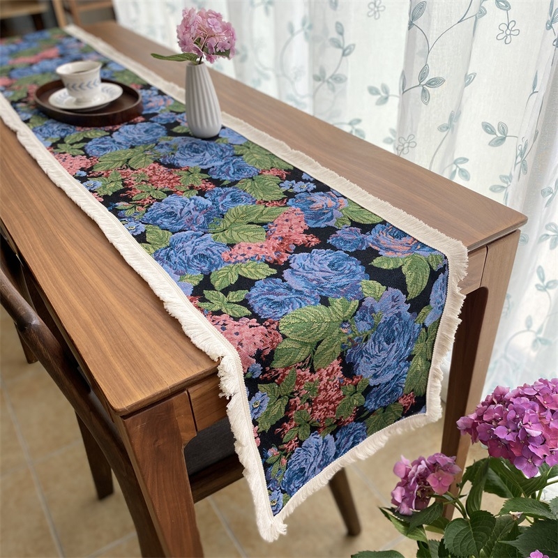 Față de masă cu model floral, stil retro, material amestec poliester-bumbac (60% poliester, 40% bumbac), potrivit pentru sufragerie, dormitor, birou, spații exterioare