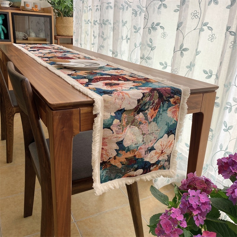Față de masă cu model floral, stil retro, material amestec poliester-bumbac (60% poliester, 40% bumbac), potrivit pentru sufragerie, dormitor, birou, spații exterioare