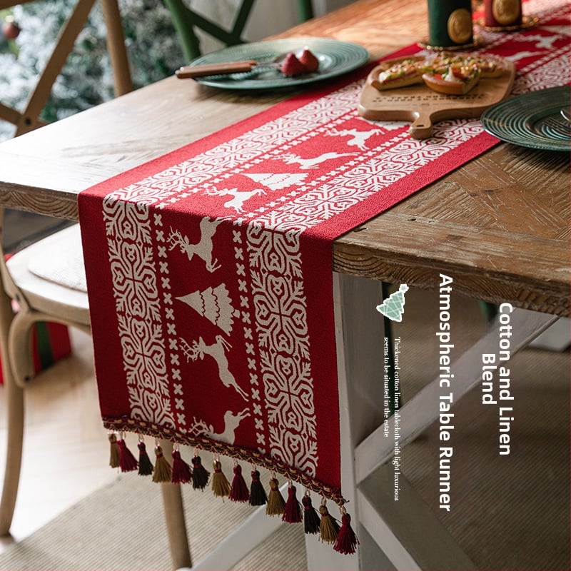 Yingchuang Jacquard Poliester Steag de masă cu Motive de Crăciun: Om de zăpadă și Ren cu ciucuri – Model Cartoon, Compoziție 90/10 Poliester, Decor pentru living/dormitor/birou