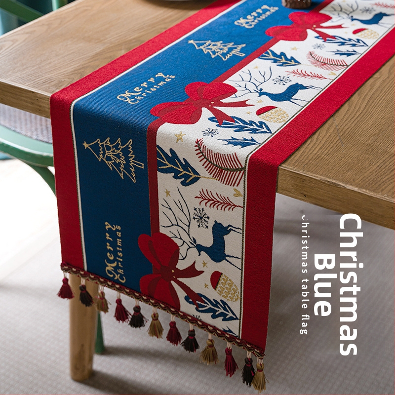 Yingchuang Jacquard Poliester Steag de masă cu Motive de Crăciun: Om de zăpadă și Ren cu ciucuri – Model Cartoon, Compoziție 90/10 Poliester, Decor pentru living/dormitor/birou