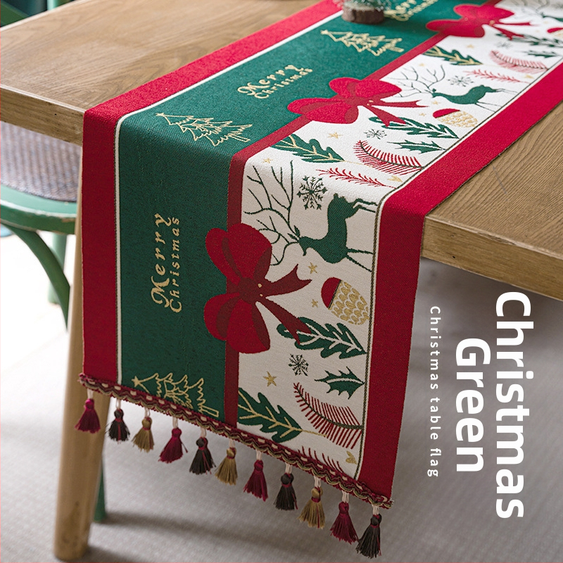 Yingchuang Jacquard Poliester Steag de masă cu Motive de Crăciun: Om de zăpadă și Ren cu ciucuri – Model Cartoon, Compoziție 90/10 Poliester, Decor pentru living/dormitor/birou