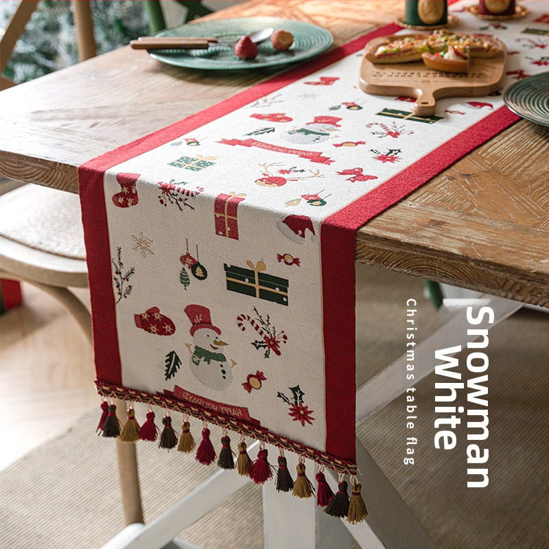 Yingchuang Jacquard Poliester Steag de masă cu Motive de Crăciun: Om de zăpadă și Ren cu ciucuri – Model Cartoon, Compoziție 90/10 Poliester, Decor pentru living/dormitor/birou