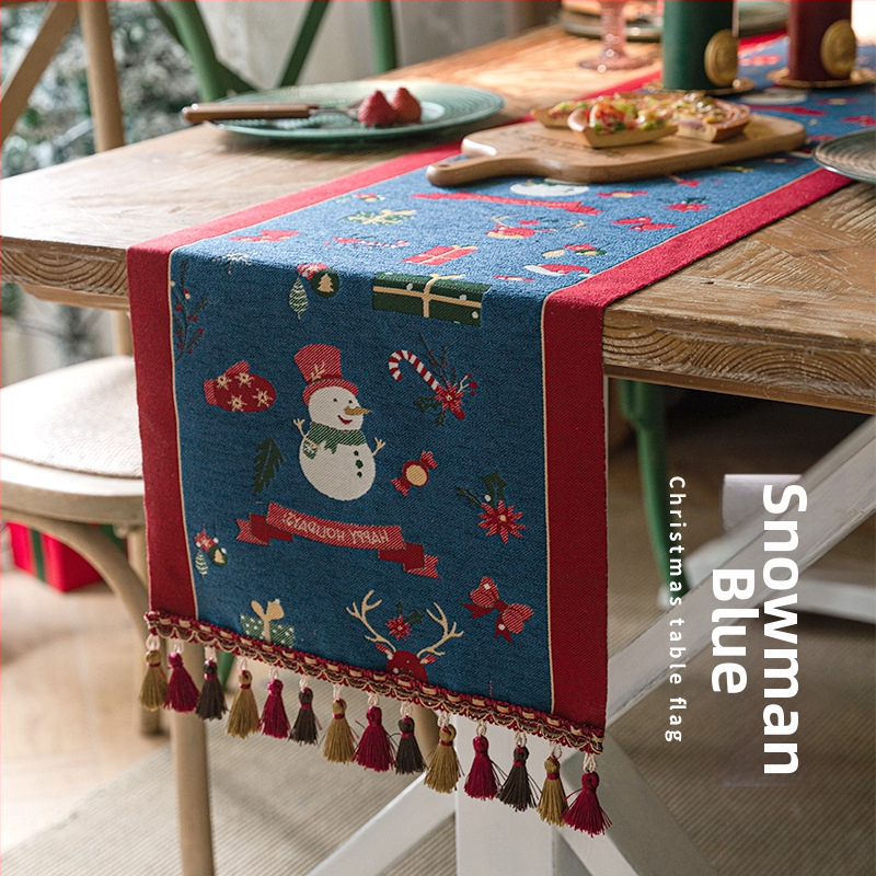 Yingchuang Jacquard Poliester Steag de masă cu Motive de Crăciun: Om de zăpadă și Ren cu ciucuri – Model Cartoon, Compoziție 90/10 Poliester, Decor pentru living/dormitor/birou