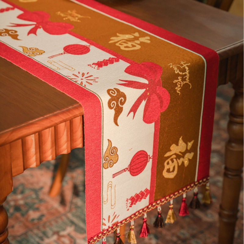 Yingchuang Jacquard Poliester Steag de masă cu Motive de Crăciun: Om de zăpadă și Ren cu ciucuri – Model Cartoon, Compoziție 90/10 Poliester, Decor pentru living/dormitor/birou