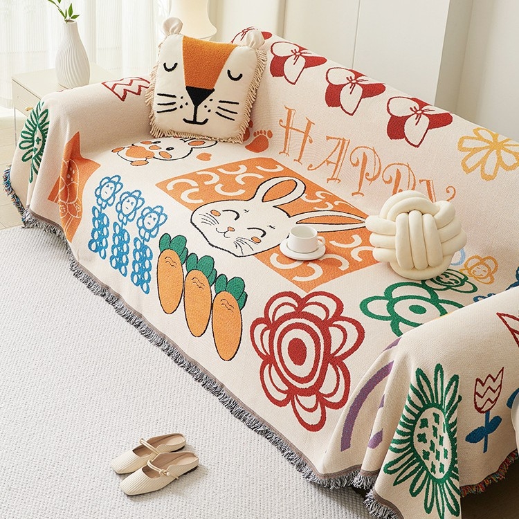 Husă de canapea pentru trei locuri, cu model desen animat geometric, acoperire completă, husă antiderapantă pentru perne