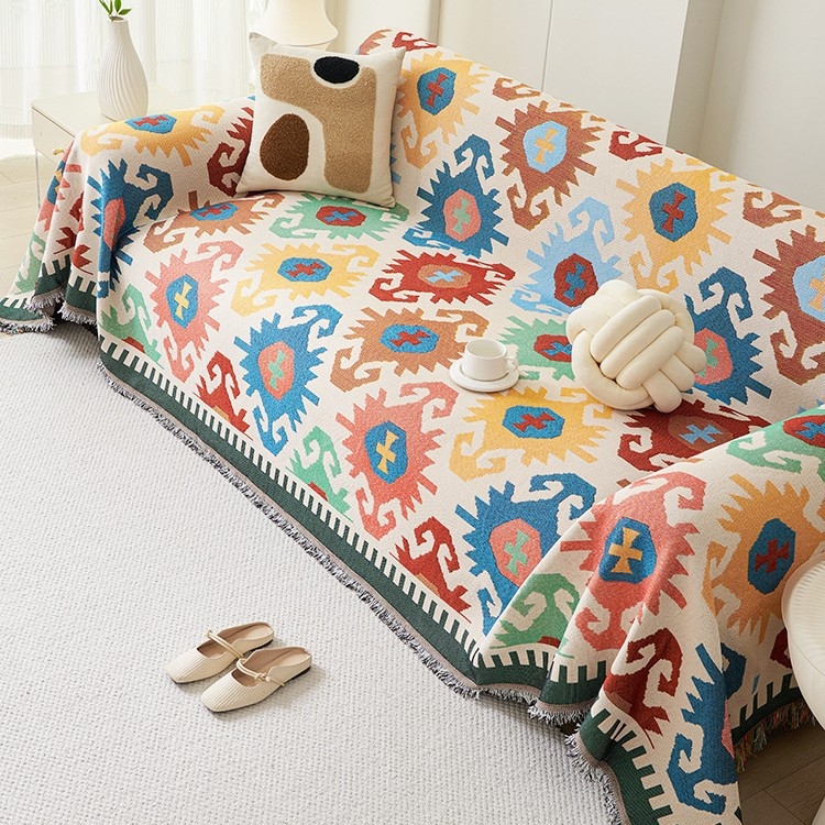 Husă de canapea pentru trei locuri, cu model desen animat geometric, acoperire completă, husă antiderapantă pentru perne