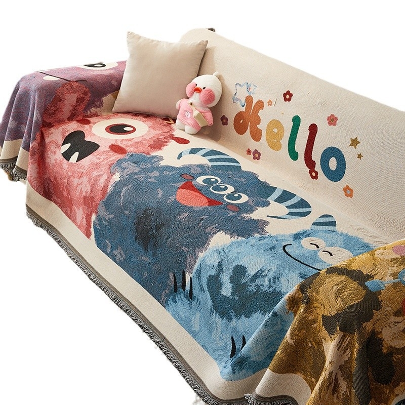 Husă de canapea pentru trei locuri, cu model desen animat geometric, acoperire completă, husă antiderapantă pentru perne