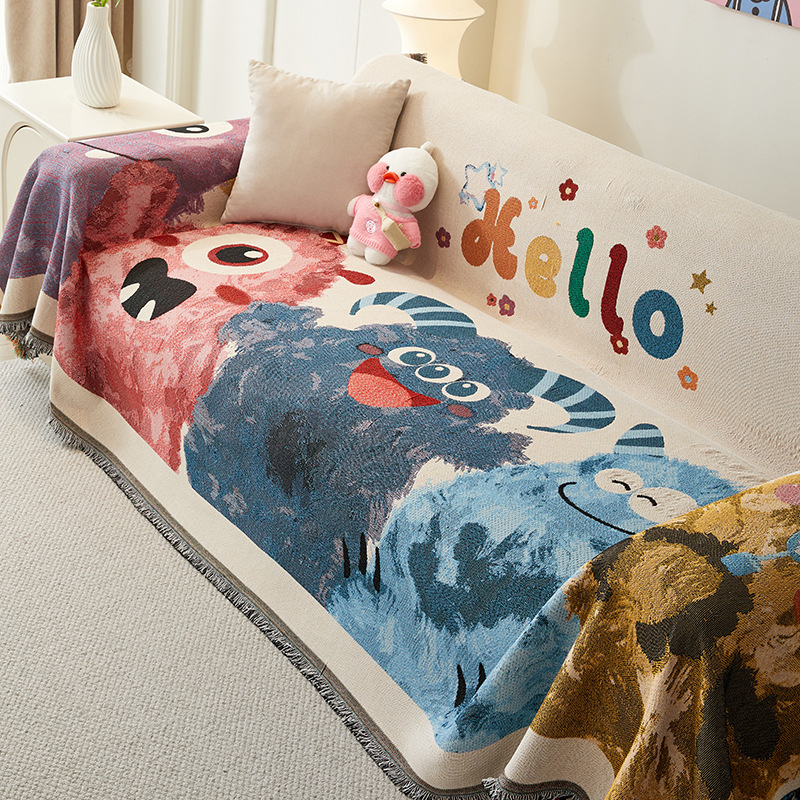 Husă de canapea pentru trei locuri, cu model desen animat geometric, acoperire completă, husă antiderapantă pentru perne