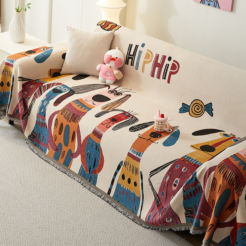 Husă de canapea pentru trei locuri, cu model desen animat geometric, acoperire completă, husă antiderapantă pentru perne