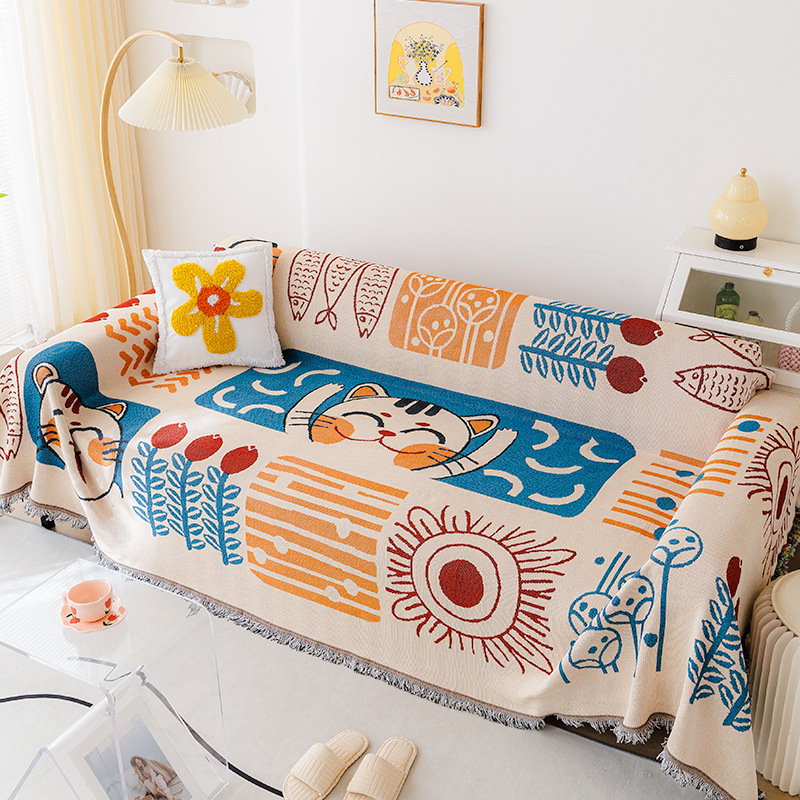 Husă de canapea pentru trei locuri, cu model desen animat geometric, acoperire completă, husă antiderapantă pentru perne