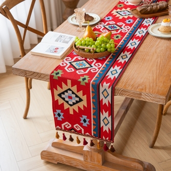Table Runner în stil marocan, model geometric abstract, amestec poliester 80% + bumbac 20%
