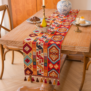 Table Runner în stil marocan, model geometric abstract, amestec poliester 80% + bumbac 20%