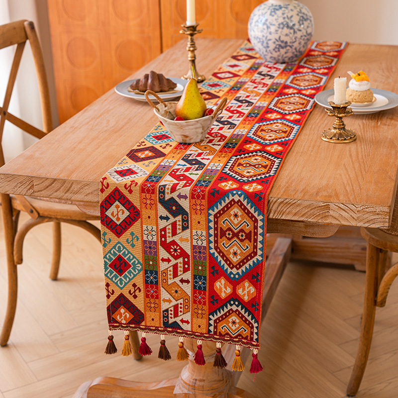 Table Runner în stil marocan, model geometric abstract, amestec poliester 80% + bumbac 20%