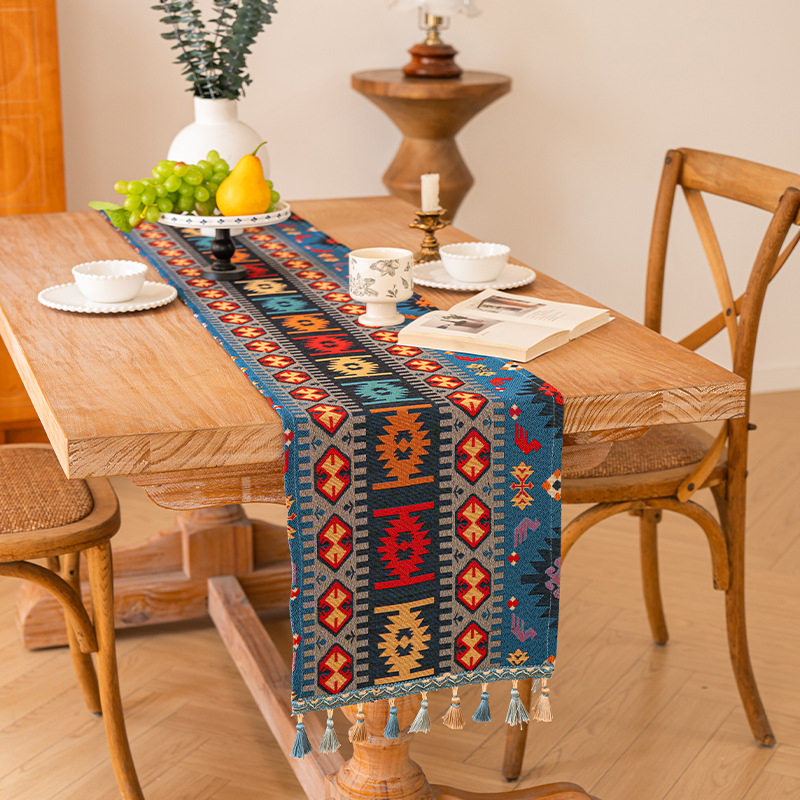 Table Runner în stil marocan, model geometric abstract, amestec poliester 80% + bumbac 20%