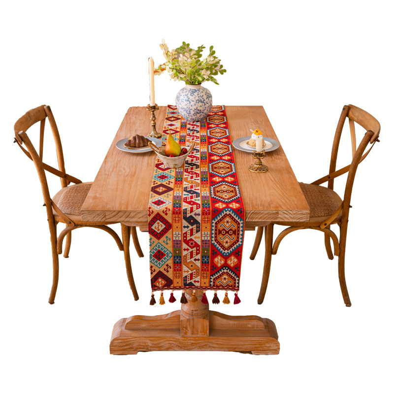 Table Runner în stil marocan, model geometric abstract, amestec poliester 80% + bumbac 20%