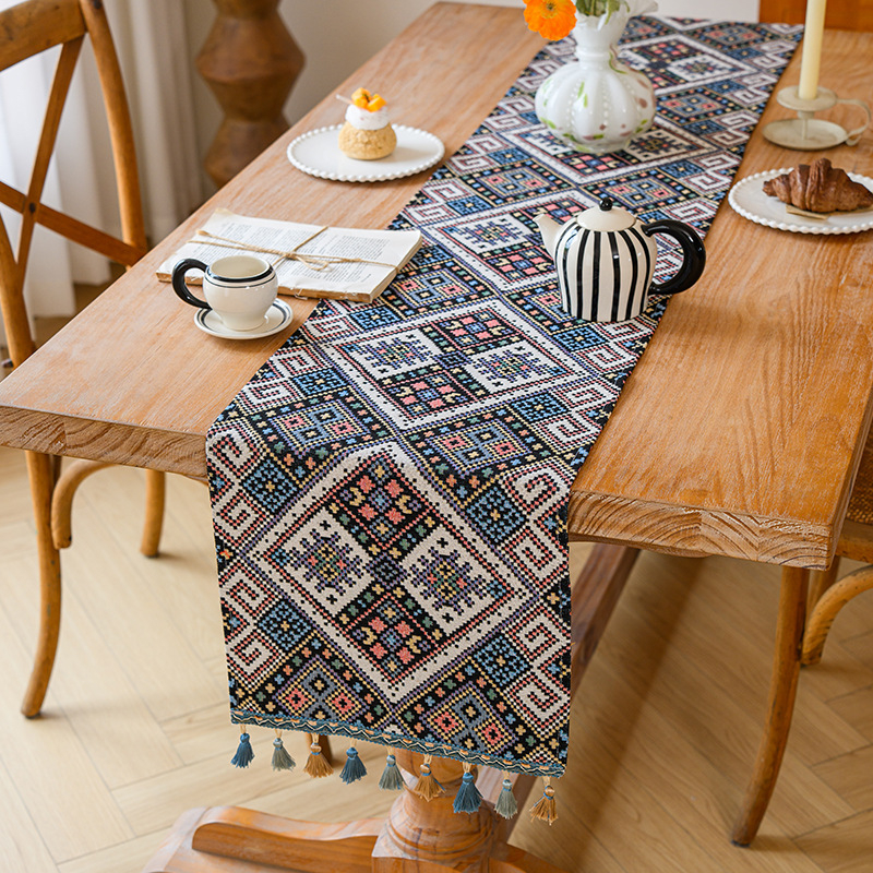 Table Runner în stil marocan, model geometric abstract, amestec poliester 80% + bumbac 20%