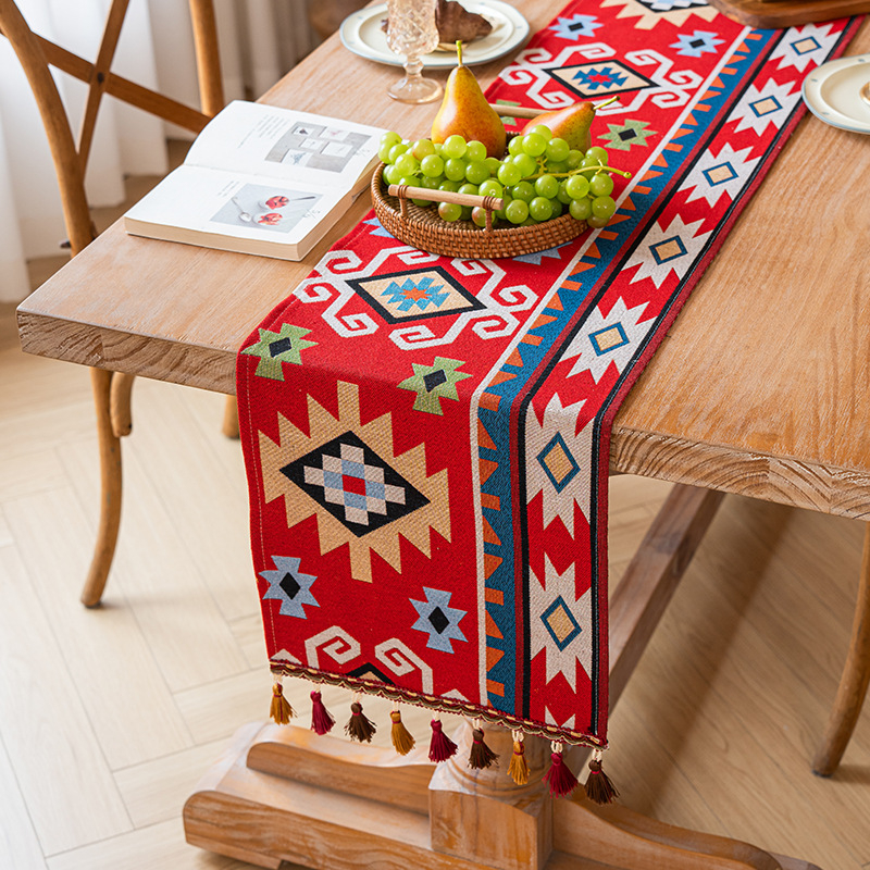 Table Runner în stil marocan, model geometric abstract, amestec poliester 80% + bumbac 20%