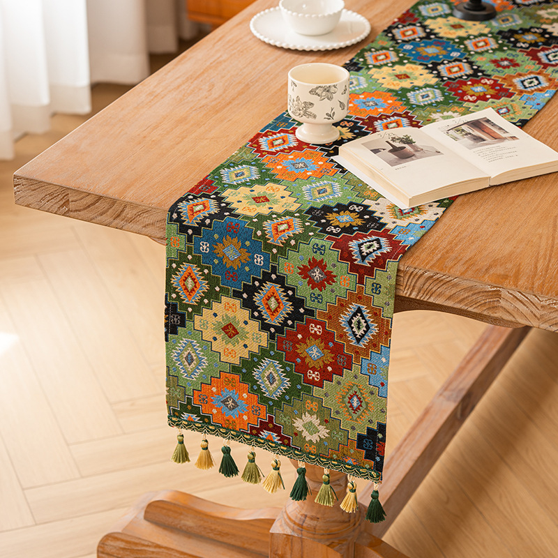 Table Runner în stil marocan, model geometric abstract, amestec poliester 80% + bumbac 20%