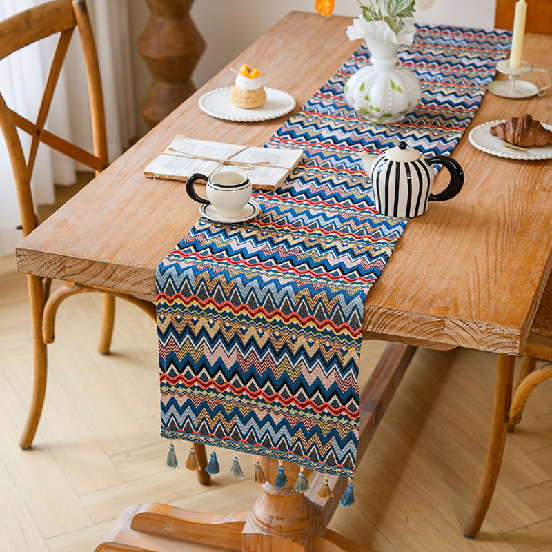Table Runner în stil marocan, model geometric abstract, amestec poliester 80% + bumbac 20%