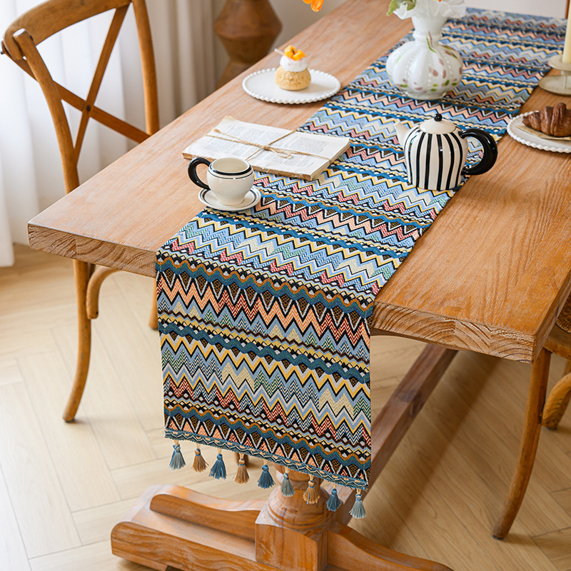 Table Runner în stil marocan, model geometric abstract, amestec poliester 80% + bumbac 20%