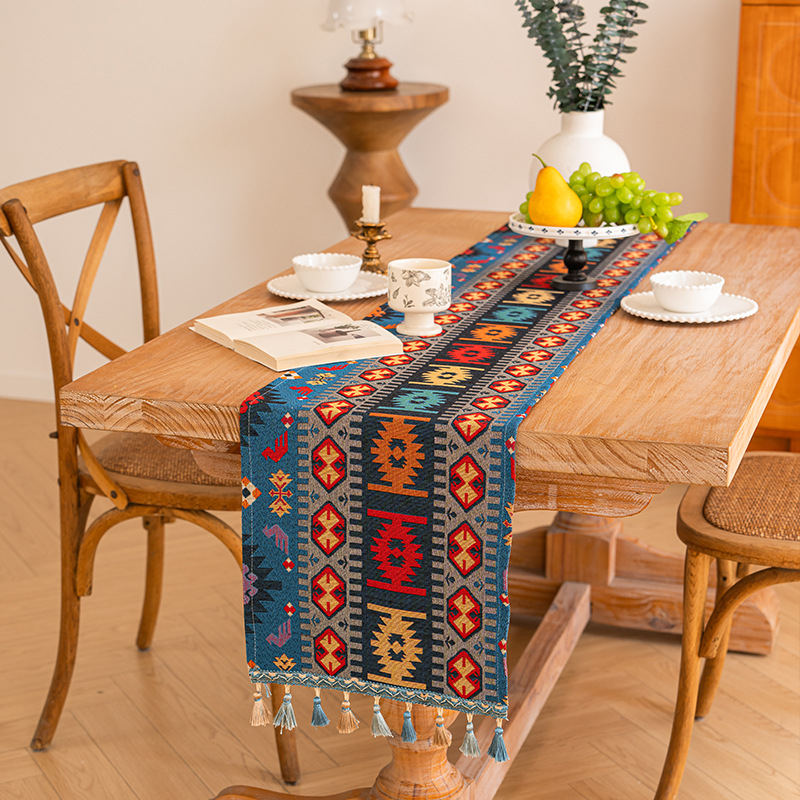 Table Runner în stil marocan, model geometric abstract, amestec poliester 80% + bumbac 20%