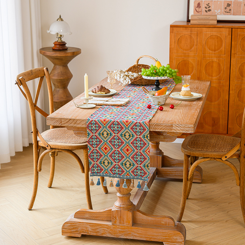 Table Runner în stil marocan, model geometric abstract, amestec poliester 80% + bumbac 20%