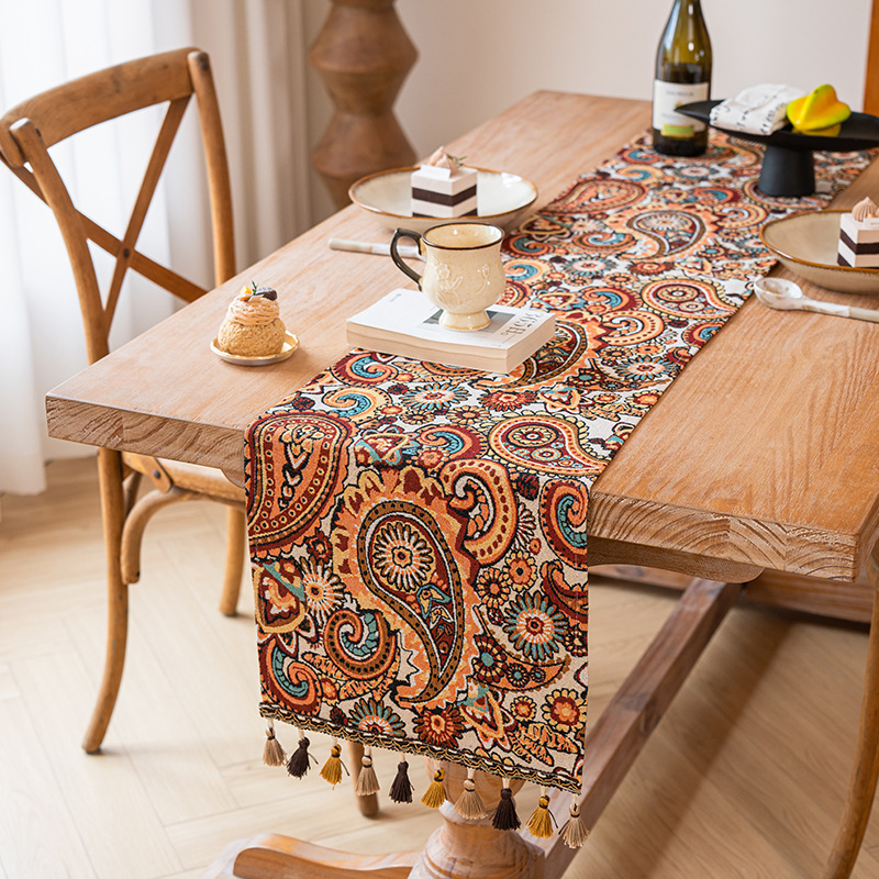 Table Runner în stil marocan, model geometric abstract, amestec poliester 80% + bumbac 20%