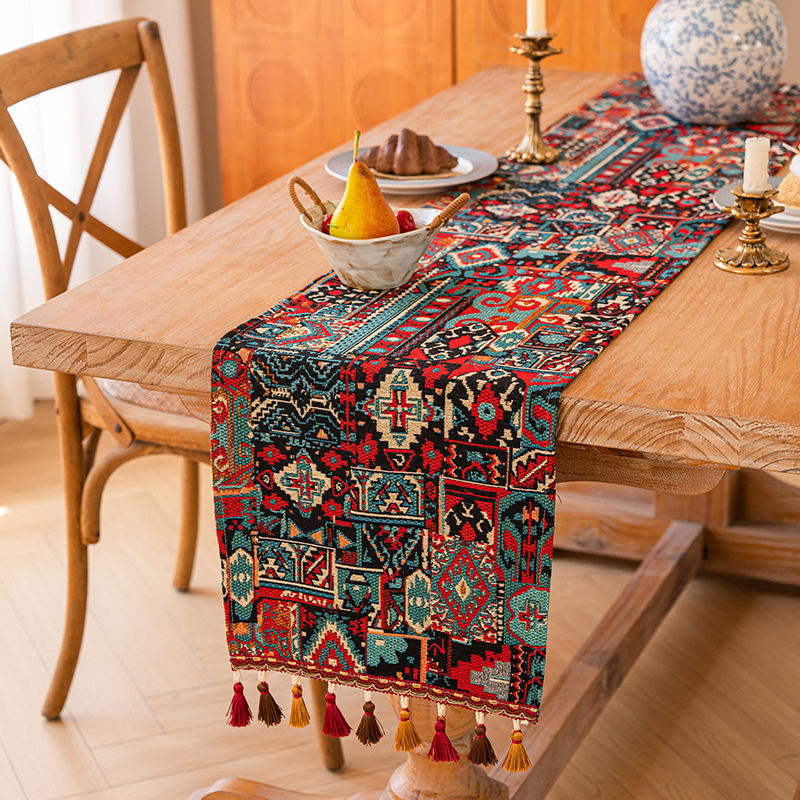Table Runner în stil marocan, model geometric abstract, amestec poliester 80% + bumbac 20%