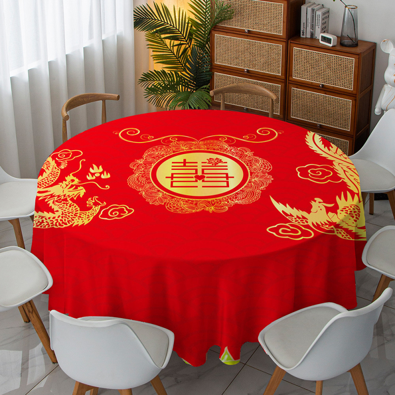 Kör alakú asztalterítő, 100% poliészter, porálló, égés elleni és hőszigetelő funkcióval, Minta: boldog szó, Stílus: új kínai stílus