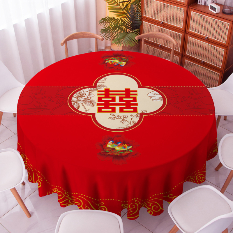 Kör alakú asztalterítő, 100% poliészter, porálló, égés elleni és hőszigetelő funkcióval, Minta: boldog szó, Stílus: új kínai stílus